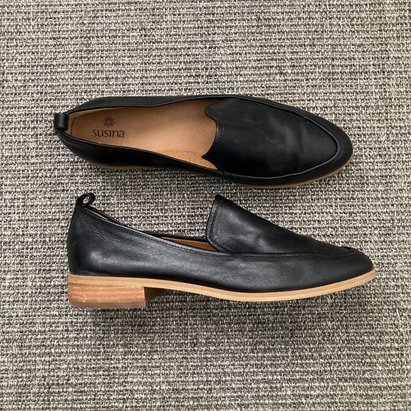 Susina Shoes | Susina Kellen Black Leather Slip on Loafers Women's Size 8 | Color: Black/Tan | Size: 8 | Smallpotatoes01's Closet